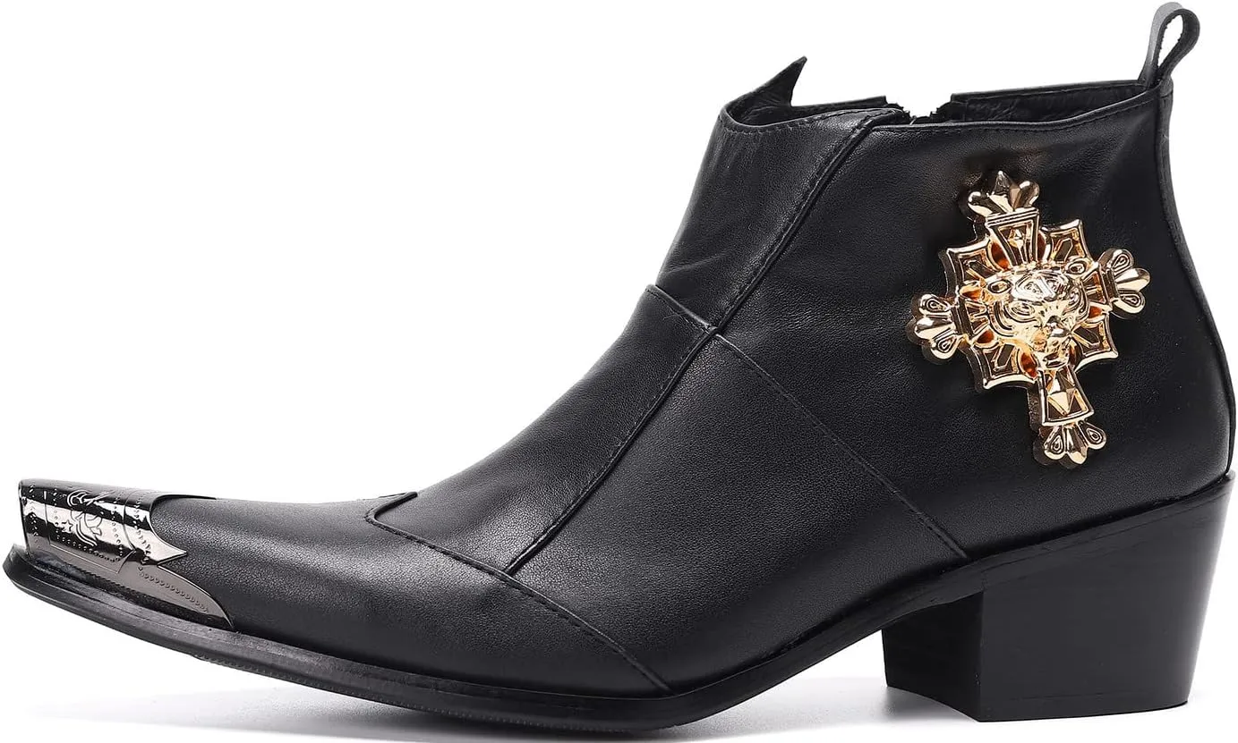Santimon Mens Dress Boots Western Leather Fashion Brown Casual Pointed-Toe Metal Tip Shoes