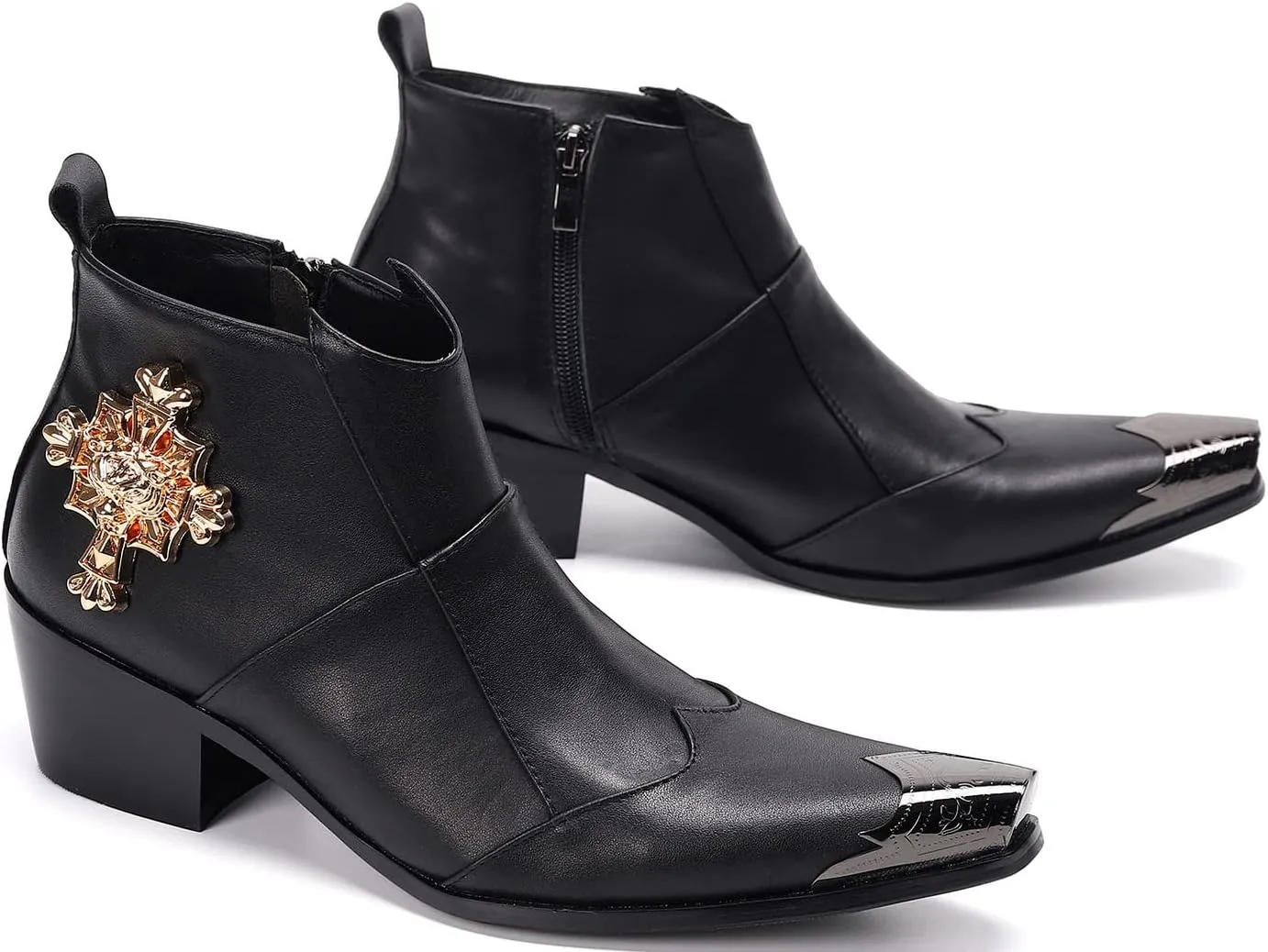 Santimon Mens Dress Boots Western Leather Fashion Brown Casual Pointed-Toe Metal Tip Shoes