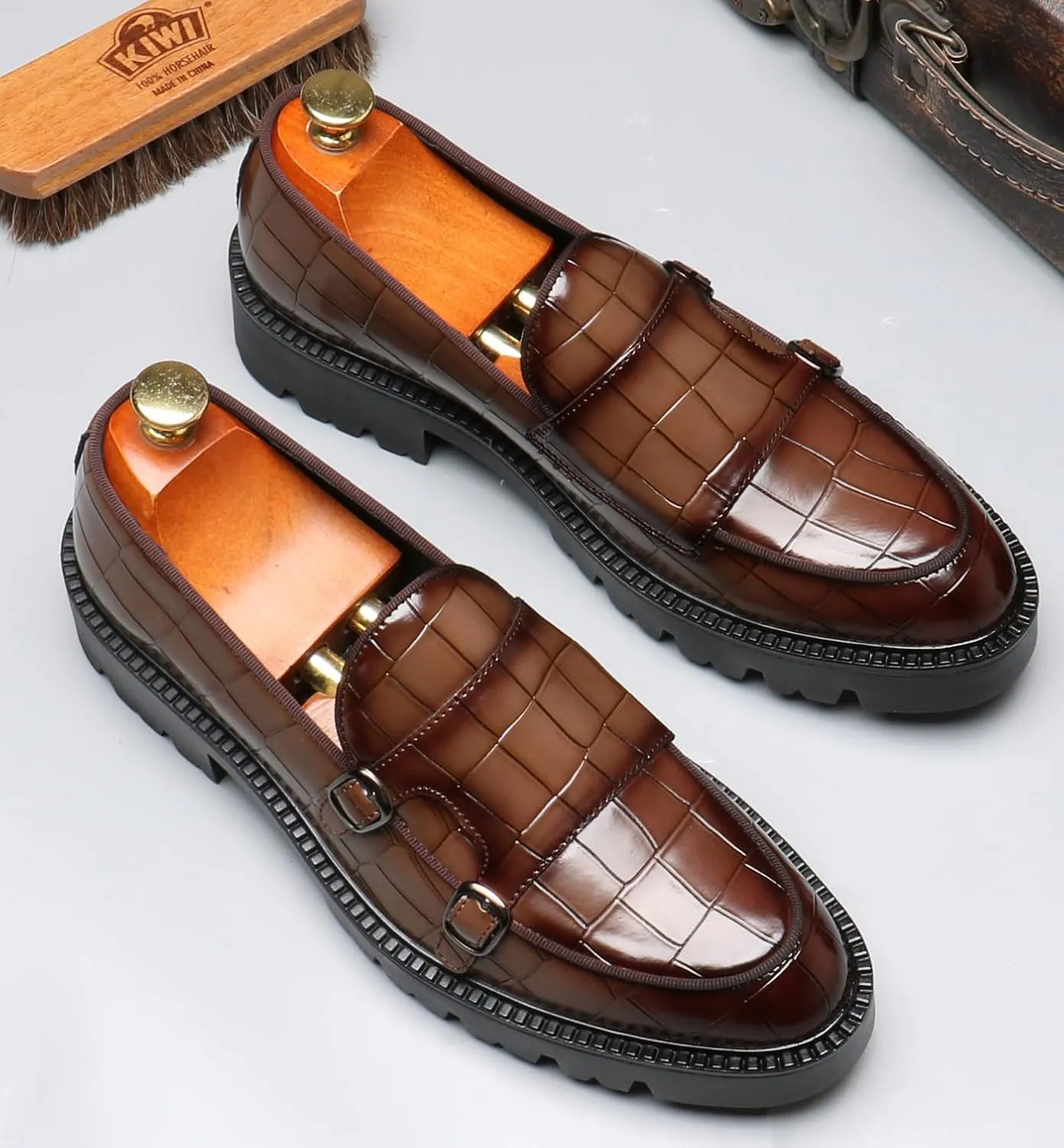 Santimon Mens Loafers Casual Dress Slip On for Men Patent Leather Smoking Plaid Penny Loafes Tuexdo Wedding Mocasines Formal Business Prom Shoes