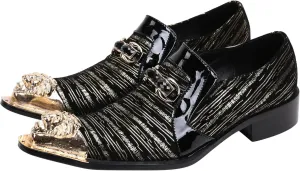 Santimon Mens Loafers Pointed Toe Leather Fashion Buckle Rhinestone Metal Tip Western Dress Shoes