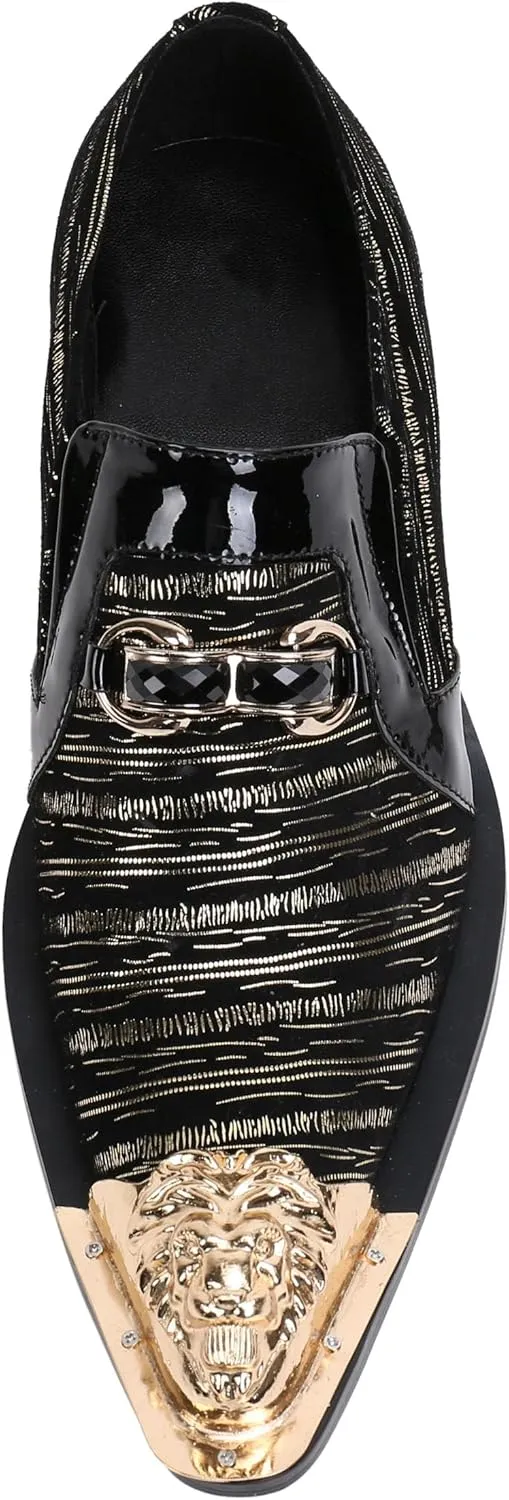 Santimon Mens Loafers Pointed Toe Leather Fashion Buckle Rhinestone Metal Tip Western Dress Shoes