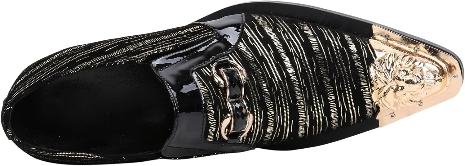 Santimon Mens Loafers Pointed Toe Leather Fashion Buckle Rhinestone Metal Tip Western Dress Shoes