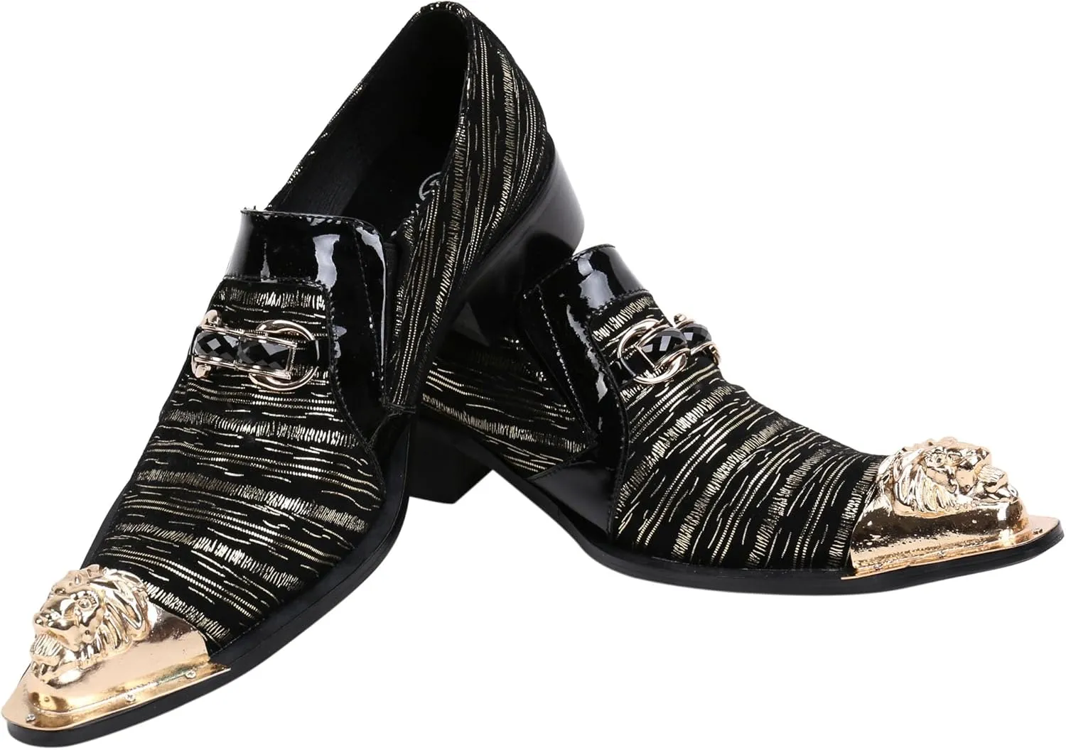 Santimon Mens Loafers Pointed Toe Leather Fashion Buckle Rhinestone Metal Tip Western Dress Shoes