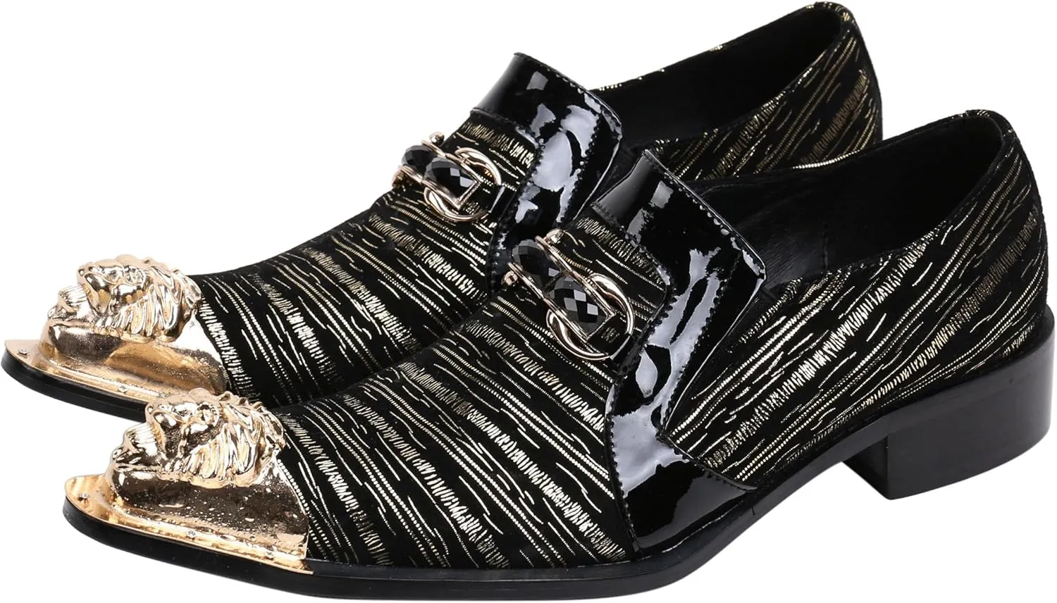 Santimon Mens Loafers Pointed Toe Leather Fashion Buckle Rhinestone Metal Tip Western Dress Shoes