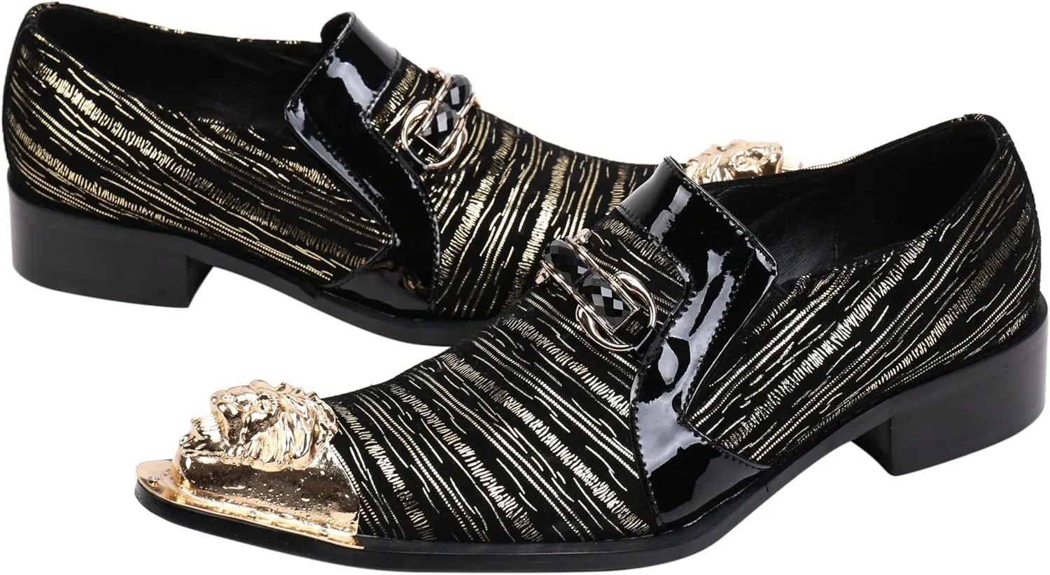 Santimon Mens Loafers Pointed Toe Leather Fashion Buckle Rhinestone Metal Tip Western Dress Shoes
