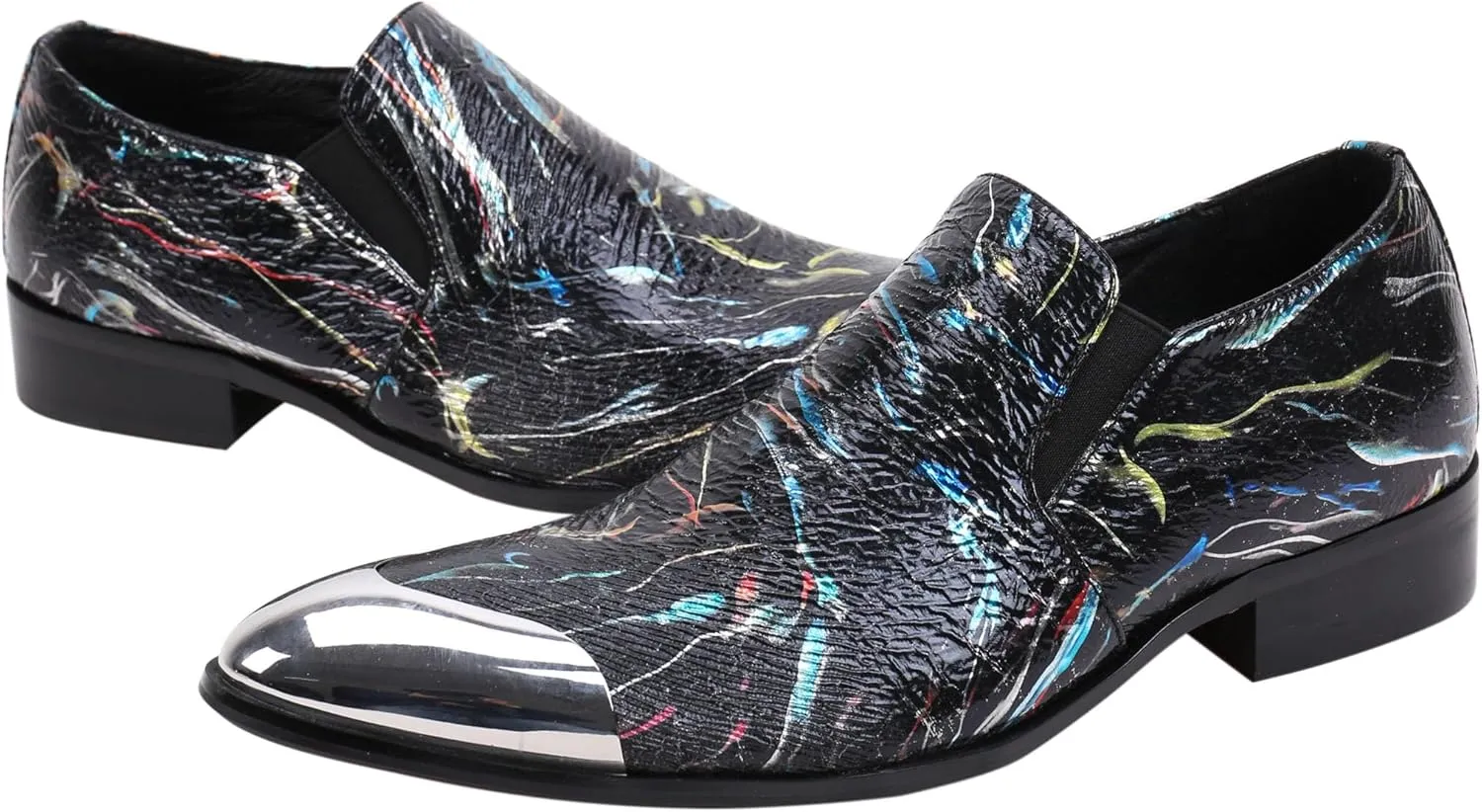 Santimon Mens Loafers Pointed Toe Leather Fashion Printed Metal Tip Western Dress Shoes