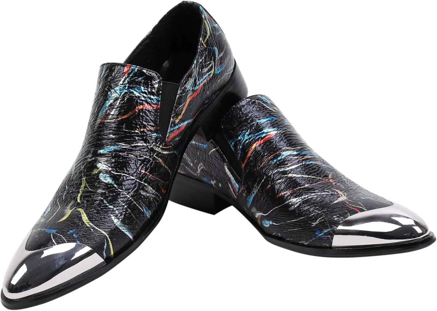 Santimon Mens Loafers Pointed Toe Leather Fashion Printed Metal Tip Western Dress Shoes