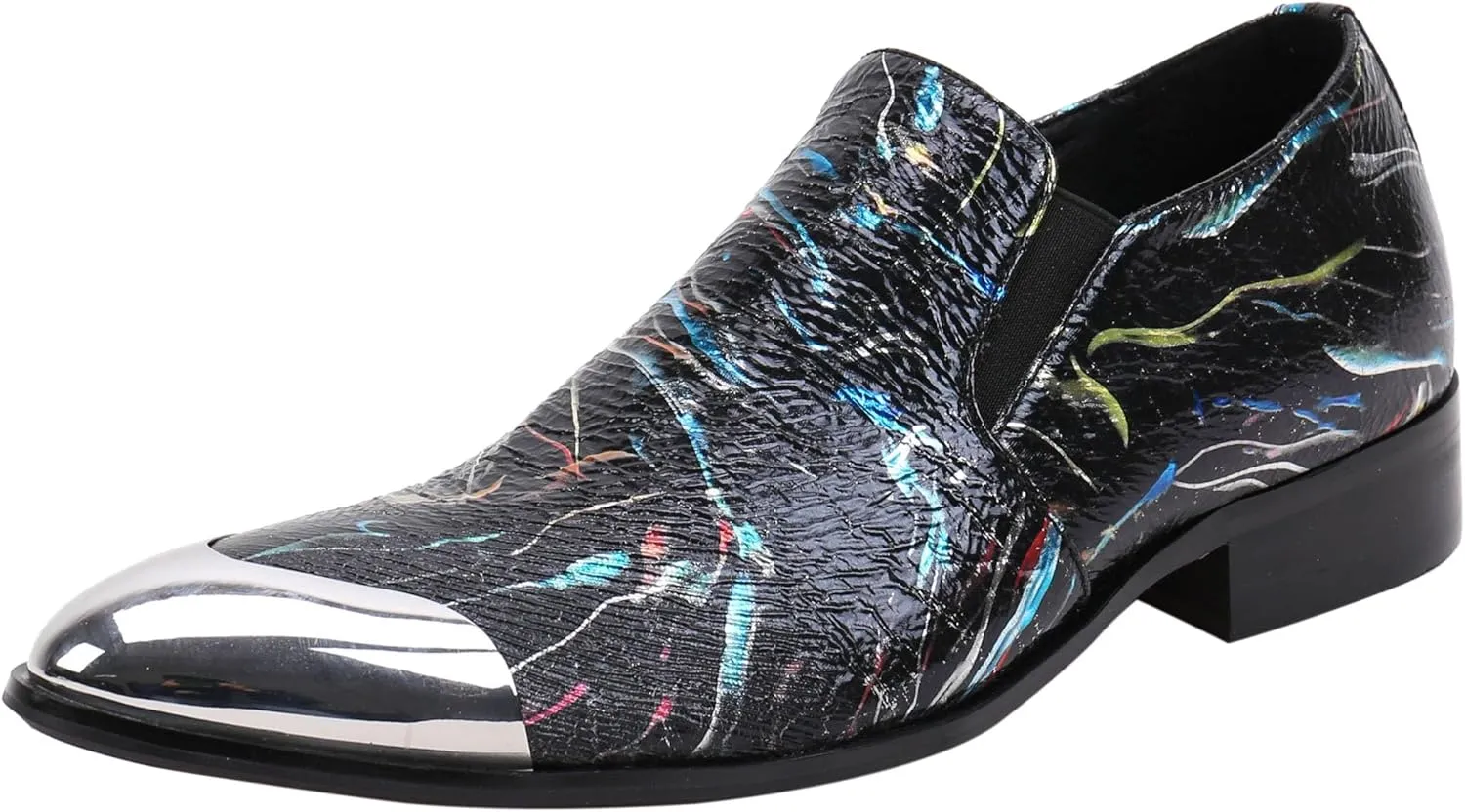 Santimon Mens Loafers Pointed Toe Leather Fashion Printed Metal Tip Western Dress Shoes
