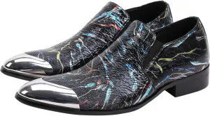 Santimon Mens Loafers Pointed Toe Leather Fashion Printed Metal Tip Western Dress Shoes