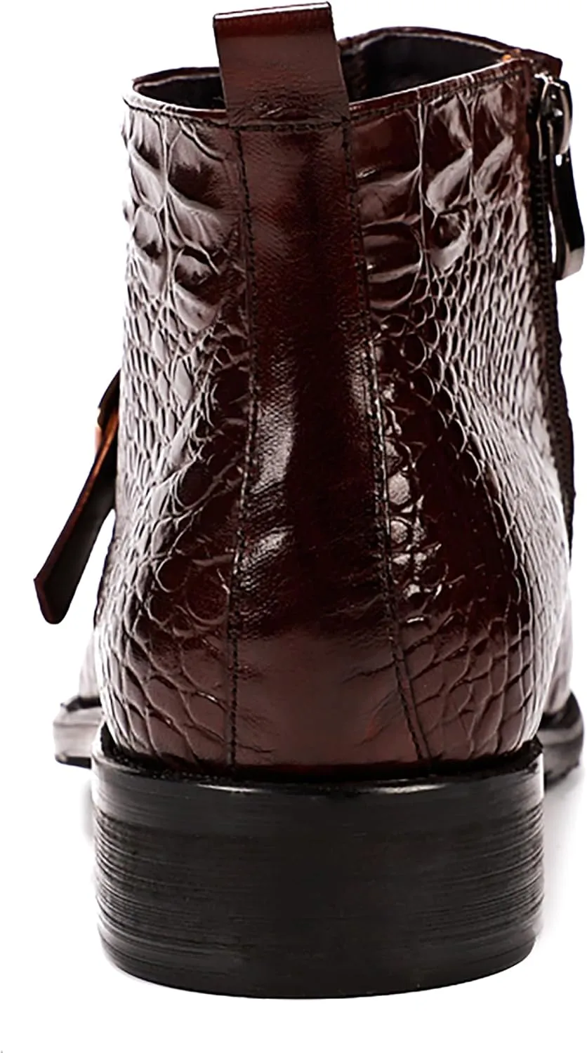 Santimon Mens Zipper Dress Leather Crocodile Print Bukle Strap Ankle Fashion Monk Boots