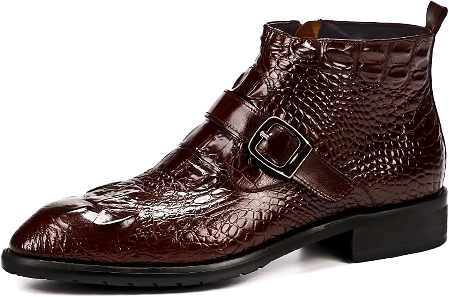 Santimon Mens Zipper Dress Leather Crocodile Print Bukle Strap Ankle Fashion Monk Boots