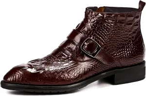 Santimon Mens Zipper Dress Leather Crocodile Print Bukle Strap Ankle Fashion Monk Boots