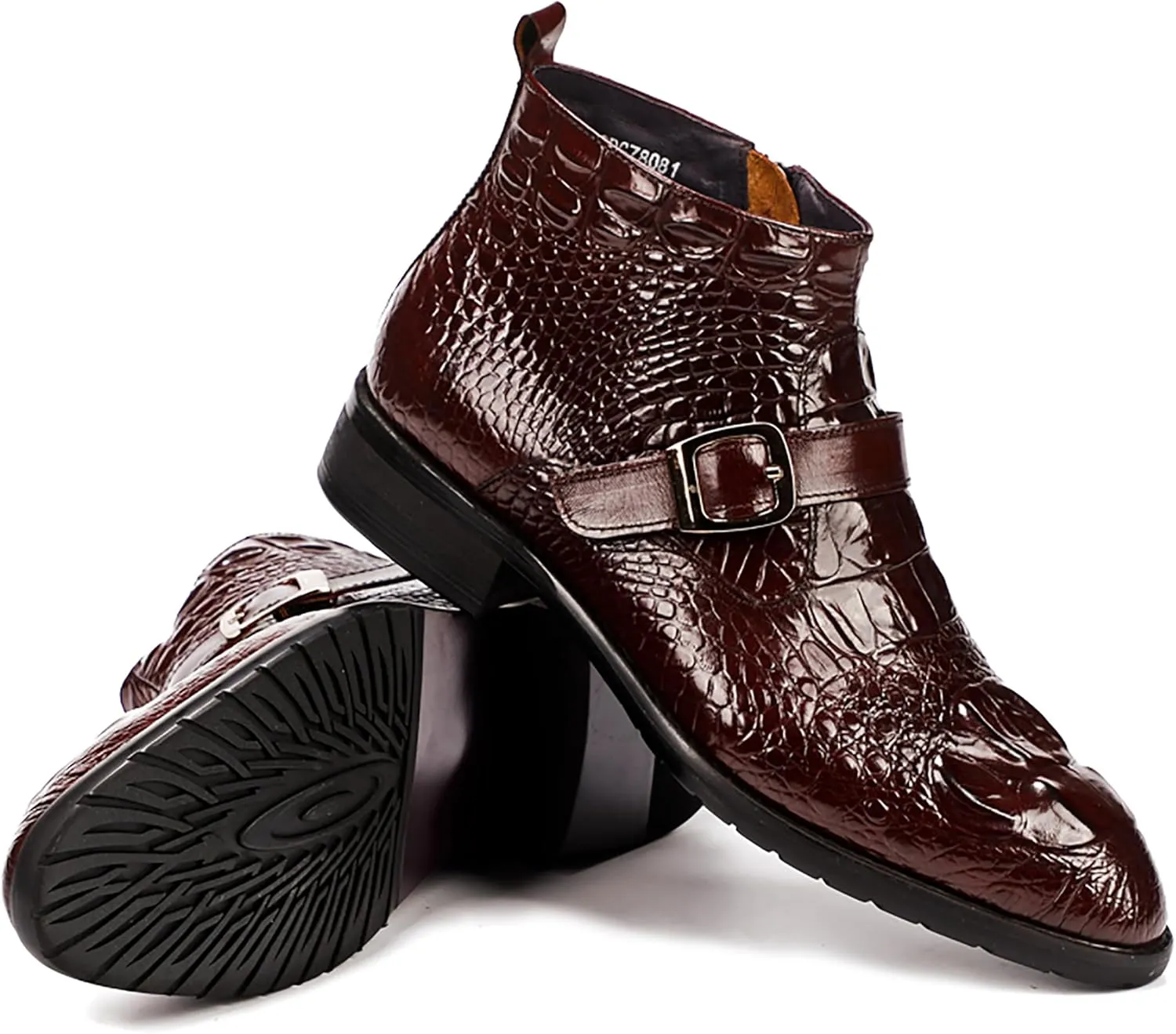 Santimon Mens Zipper Dress Leather Crocodile Print Bukle Strap Ankle Fashion Monk Boots