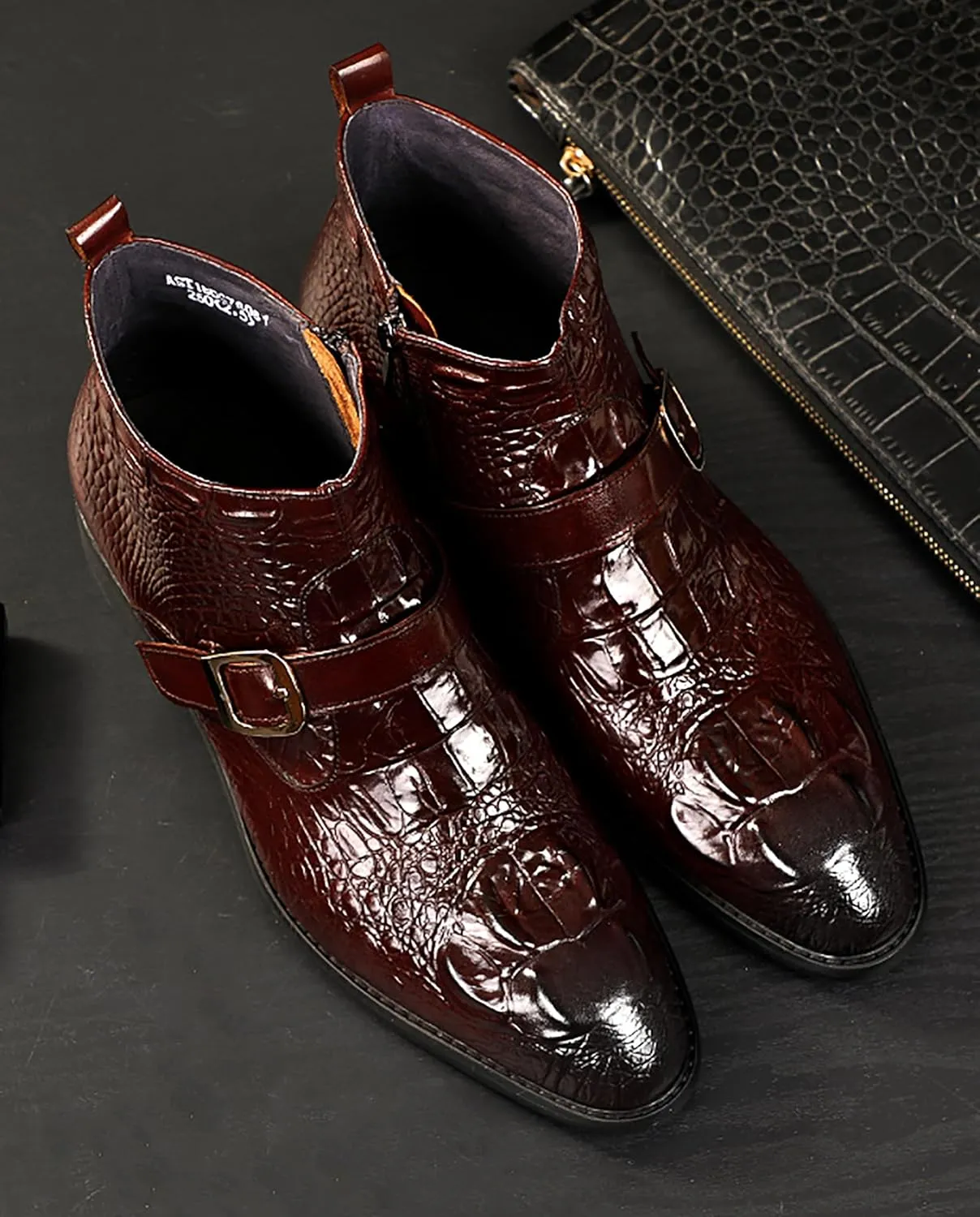 Santimon Mens Zipper Dress Leather Crocodile Print Bukle Strap Ankle Fashion Monk Boots