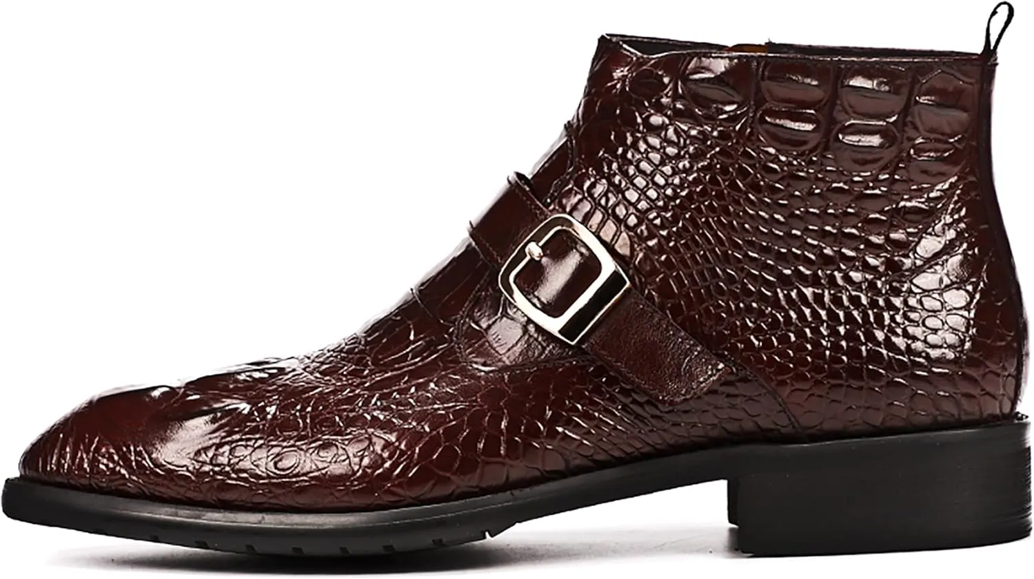 Santimon Mens Zipper Dress Leather Crocodile Print Bukle Strap Ankle Fashion Monk Boots