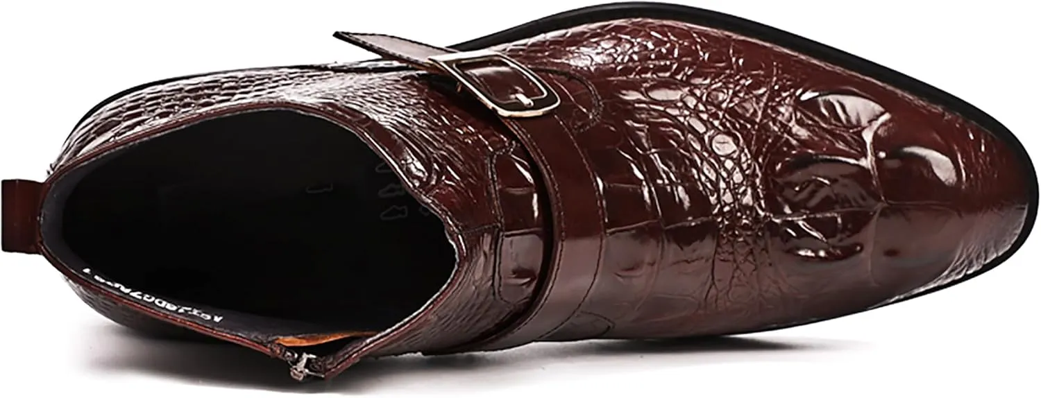 Santimon Mens Zipper Dress Leather Crocodile Print Bukle Strap Ankle Fashion Monk Boots
