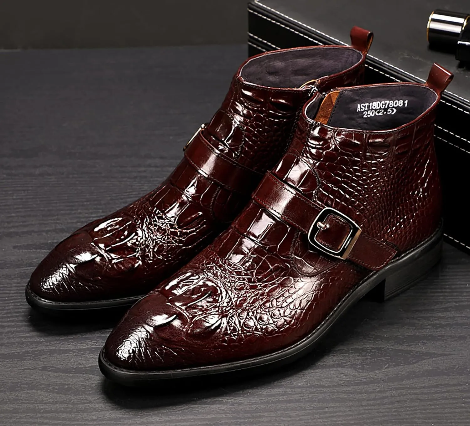 Santimon Mens Zipper Dress Leather Crocodile Print Bukle Strap Ankle Fashion Monk Boots