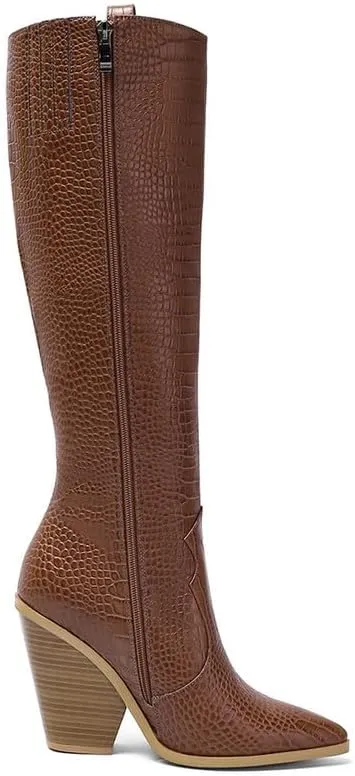 SEIFIN Women's Wedge Cowgirl Cowboy Western Boots Mid Calf Pointed Toe Stacked Chunky Heels Short Ankle Boot Shoes