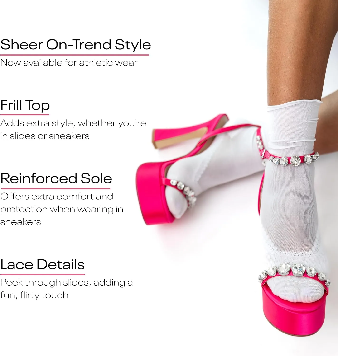 Sheer Confidence Premium Ruffle Crew Socks for Women, Athletic Gym & Performance Socks