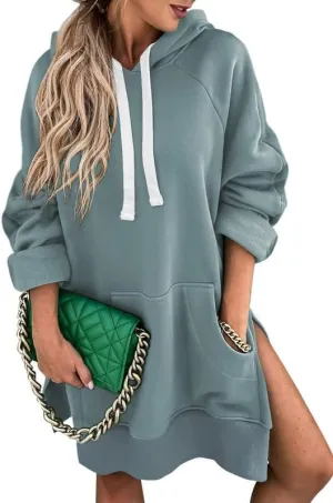 SHEWIN Women's Oversized Casual Pullover Long Sleeve Split Hem Drawstring Hoodies Dress With Kangaroo Pocket