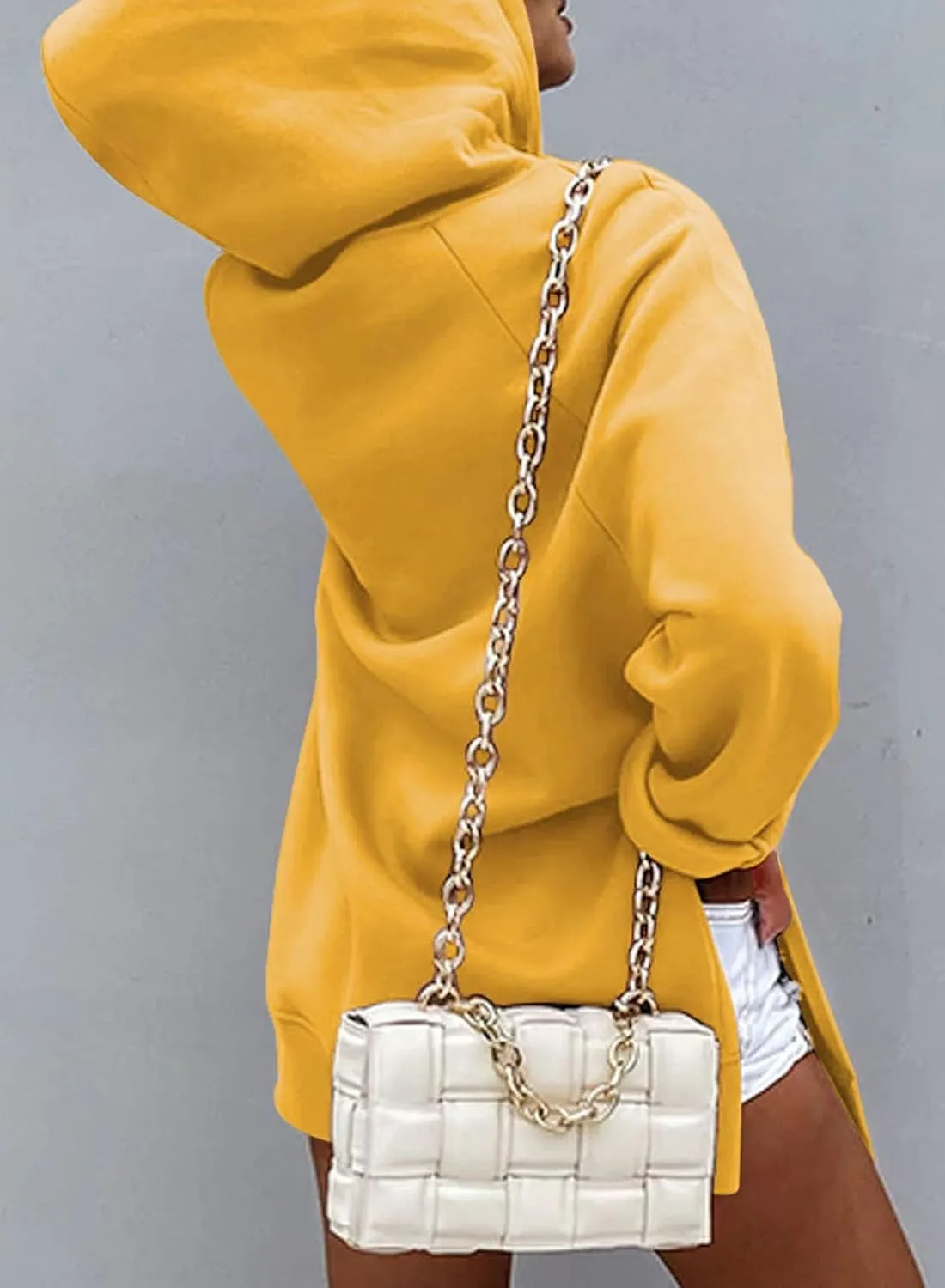 SHEWIN Women's Oversized Casual Pullover Long Sleeve Split Hem Drawstring Hoodies Dress With Kangaroo Pocket