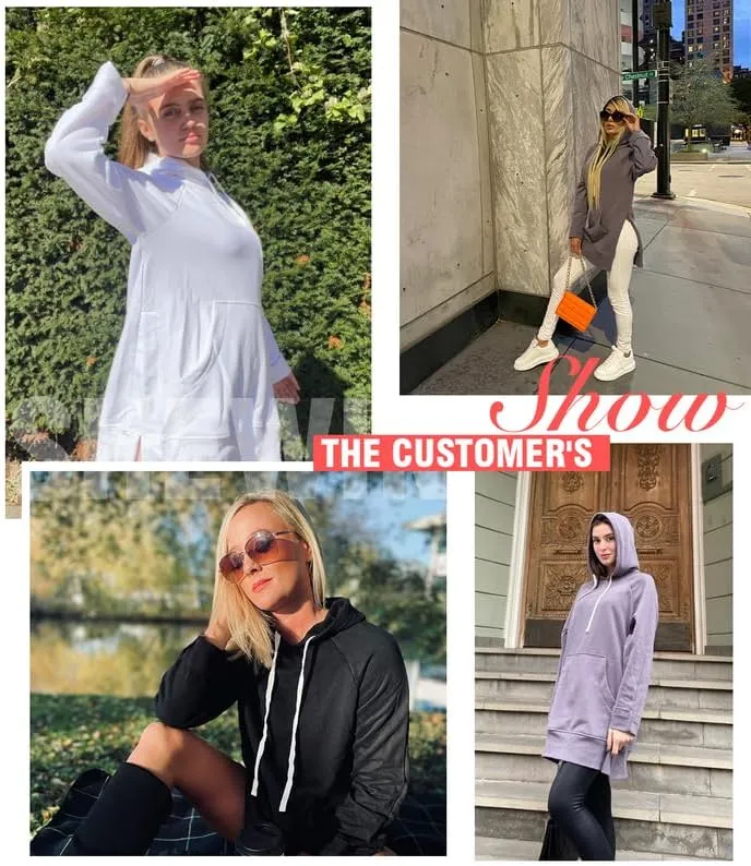 SHEWIN Women's Oversized Casual Pullover Long Sleeve Split Hem Drawstring Hoodies Dress With Kangaroo Pocket