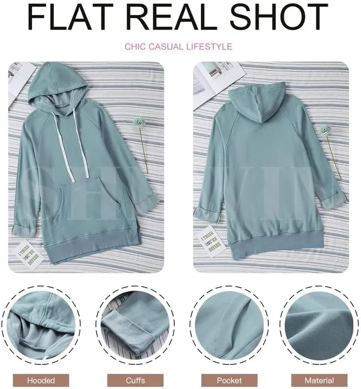 SHEWIN Women's Oversized Casual Pullover Long Sleeve Split Hem Drawstring Hoodies Dress With Kangaroo Pocket