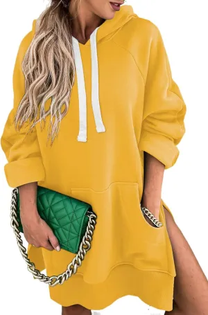 SHEWIN Women's Oversized Casual Pullover Long Sleeve Split Hem Drawstring Hoodies Dress With Kangaroo Pocket