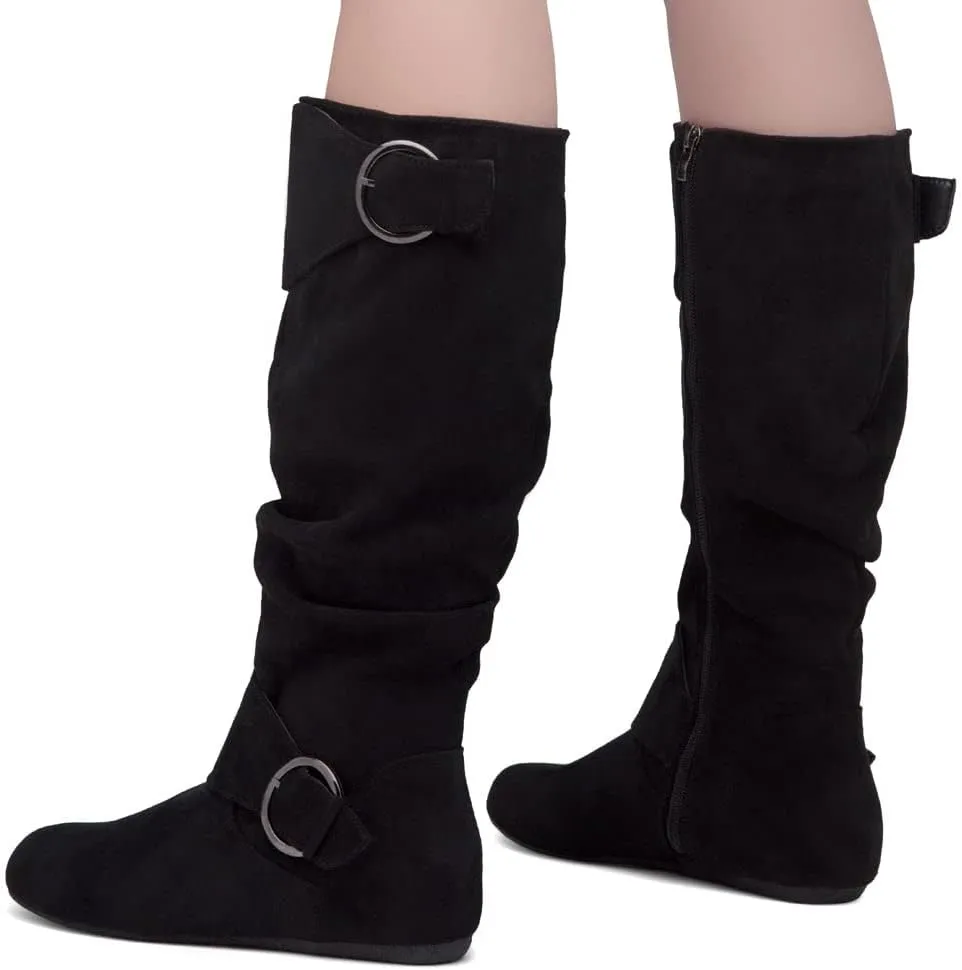 Shoe Land Bettyy Women's Knee High Boots Pull on Fall Weather Slouchy Flat Boots