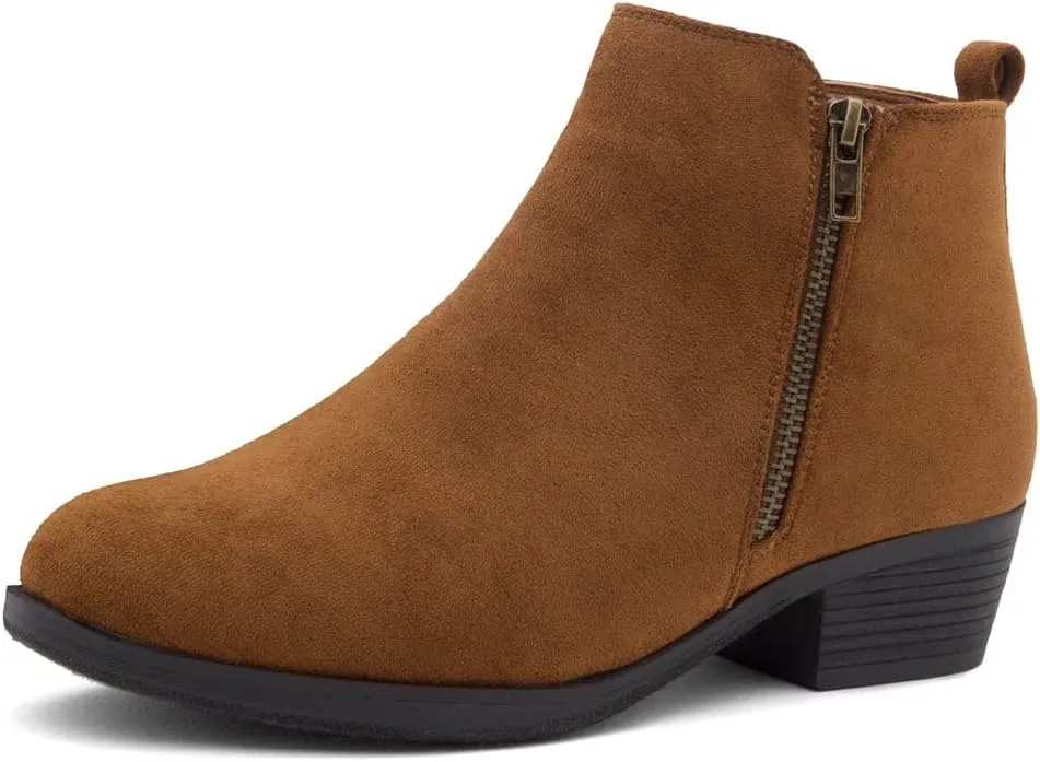 Shoe Land Ellaire Women's Ankle Booties Chunky Low Heeled Zipper Boots Black booties Almond Toe Slip on Walking Shoes