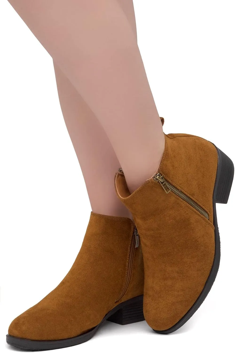 Shoe Land Ellaire Women's Ankle Booties Chunky Low Heeled Zipper Boots Black booties Almond Toe Slip on Walking Shoes