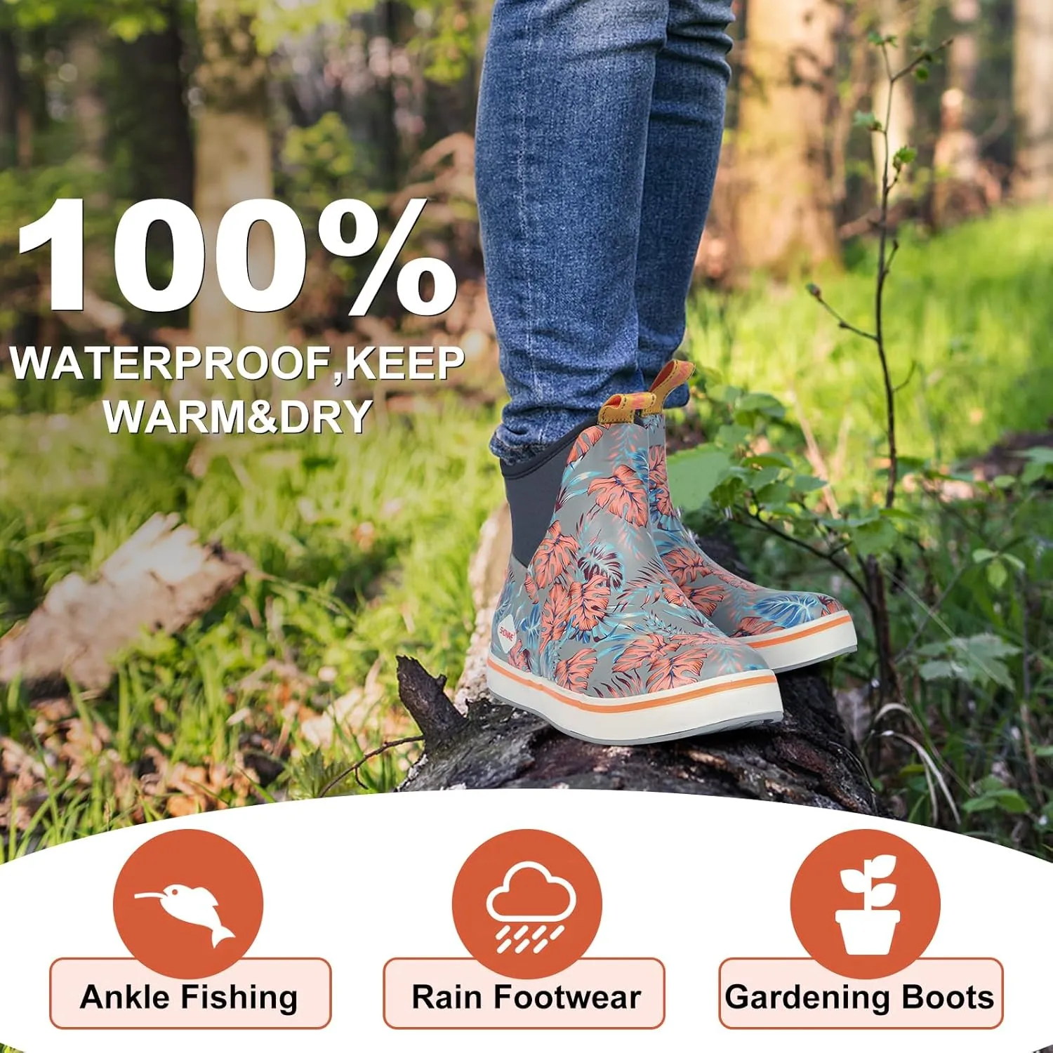 Showave Women's Deck Boots Waterproof Ankle Rain Footwear Non-Slip Rubber Boots for Boating Fishing Gardening Farming