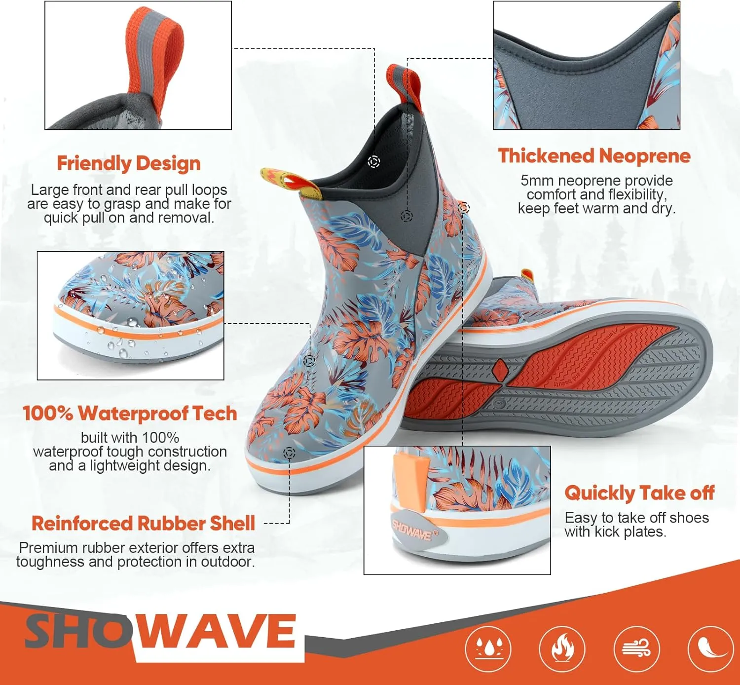 Showave Women's Deck Boots Waterproof Ankle Rain Footwear Non-Slip Rubber Boots for Boating Fishing Gardening Farming
