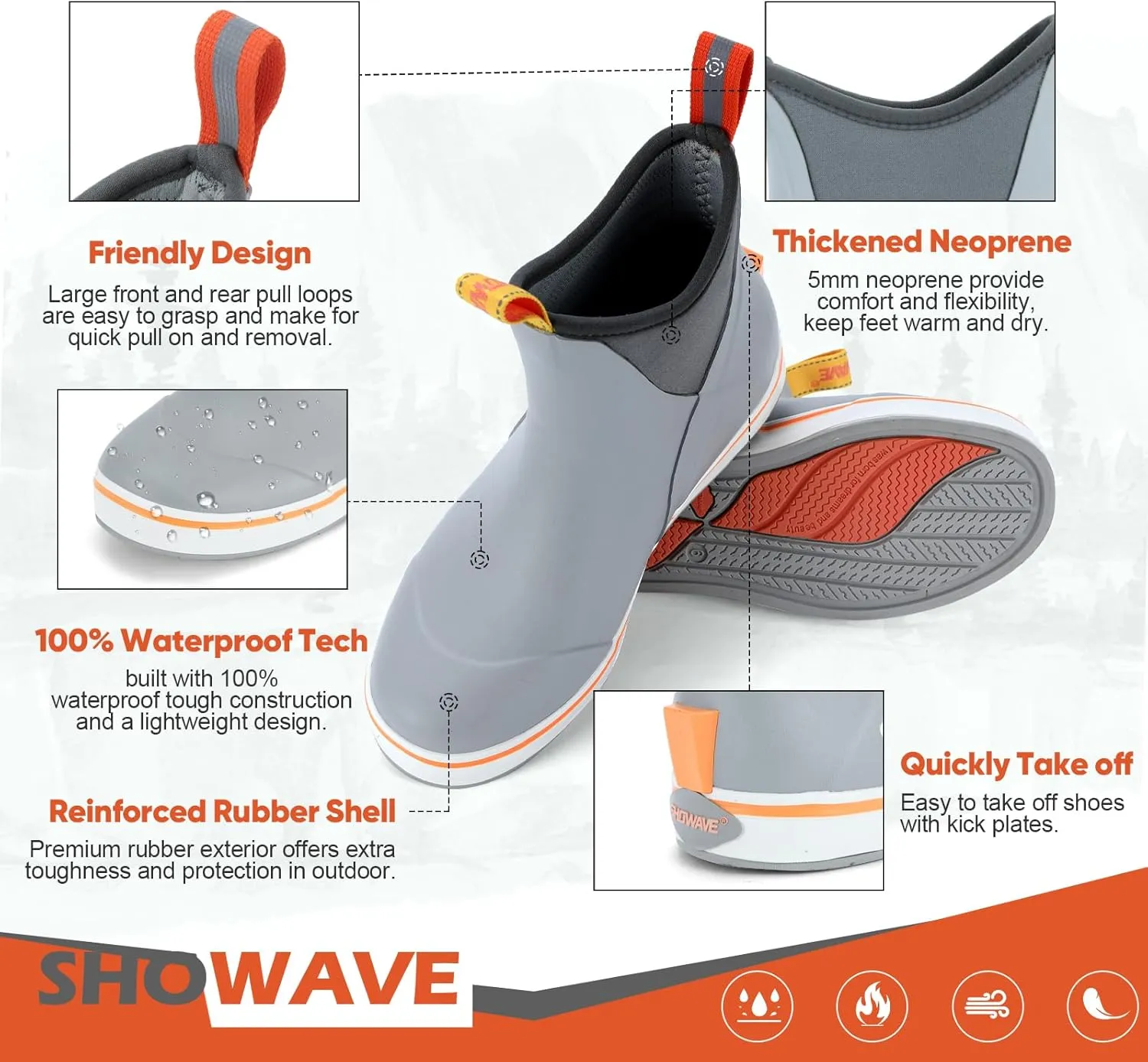 Showave Women's Deck Boots Waterproof Ankle Rain Footwear Non-Slip Rubber Boots for Boating Fishing Gardening Farming
