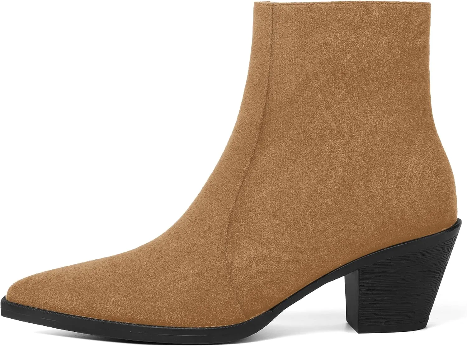 SHOWFOREST Womens Suede Pointed Toe Outdoor Furry Solid Cold Weather Zip Block Low Heel Ankle High Boots 2.2 Inch