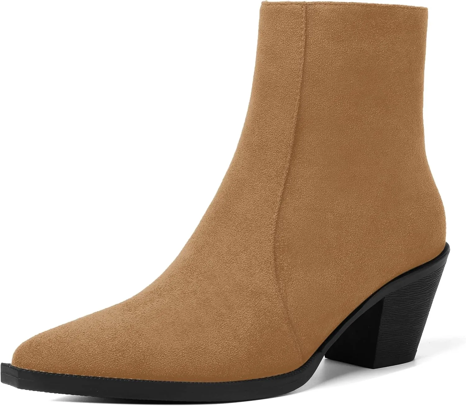 SHOWFOREST Womens Suede Pointed Toe Outdoor Furry Solid Cold Weather Zip Block Low Heel Ankle High Boots 2.2 Inch