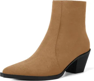 SHOWFOREST Womens Suede Pointed Toe Outdoor Furry Solid Cold Weather Zip Block Low Heel Ankle High Boots 2.2 Inch