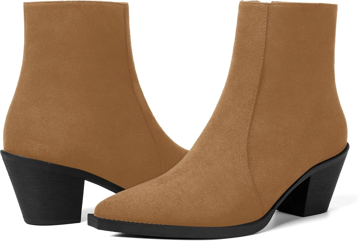 SHOWFOREST Womens Suede Pointed Toe Outdoor Furry Solid Cold Weather Zip Block Low Heel Ankle High Boots 2.2 Inch