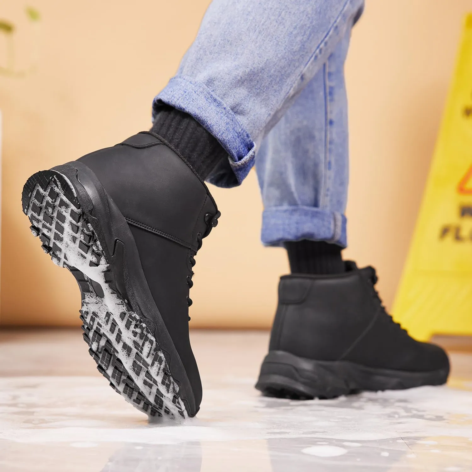 SHULOOK Non Slip Work Boots for Men Slip Resistant Shoes Waterproof Food Service Chef Kitchen Restaurant Working Boots Casual Leather Ankle Boot Outdoor Walking Booties