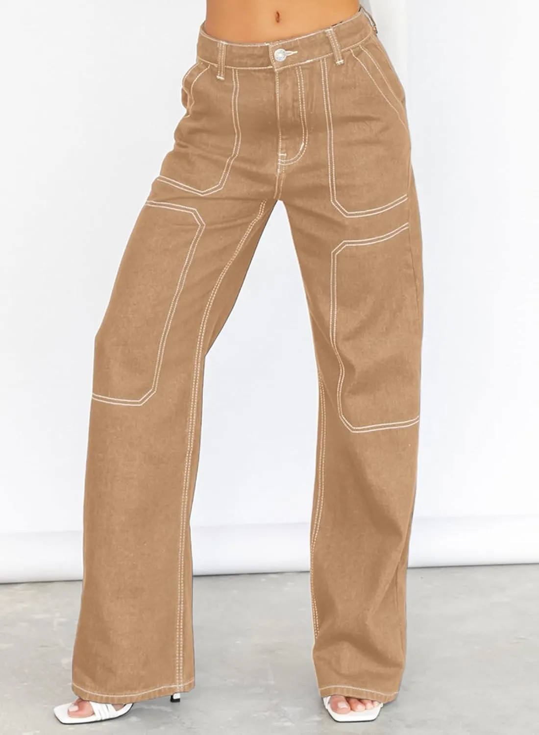 Sidefeel Women's Cargo Jeans Casual Loose Mid Rise Wide Leg Denim Pants