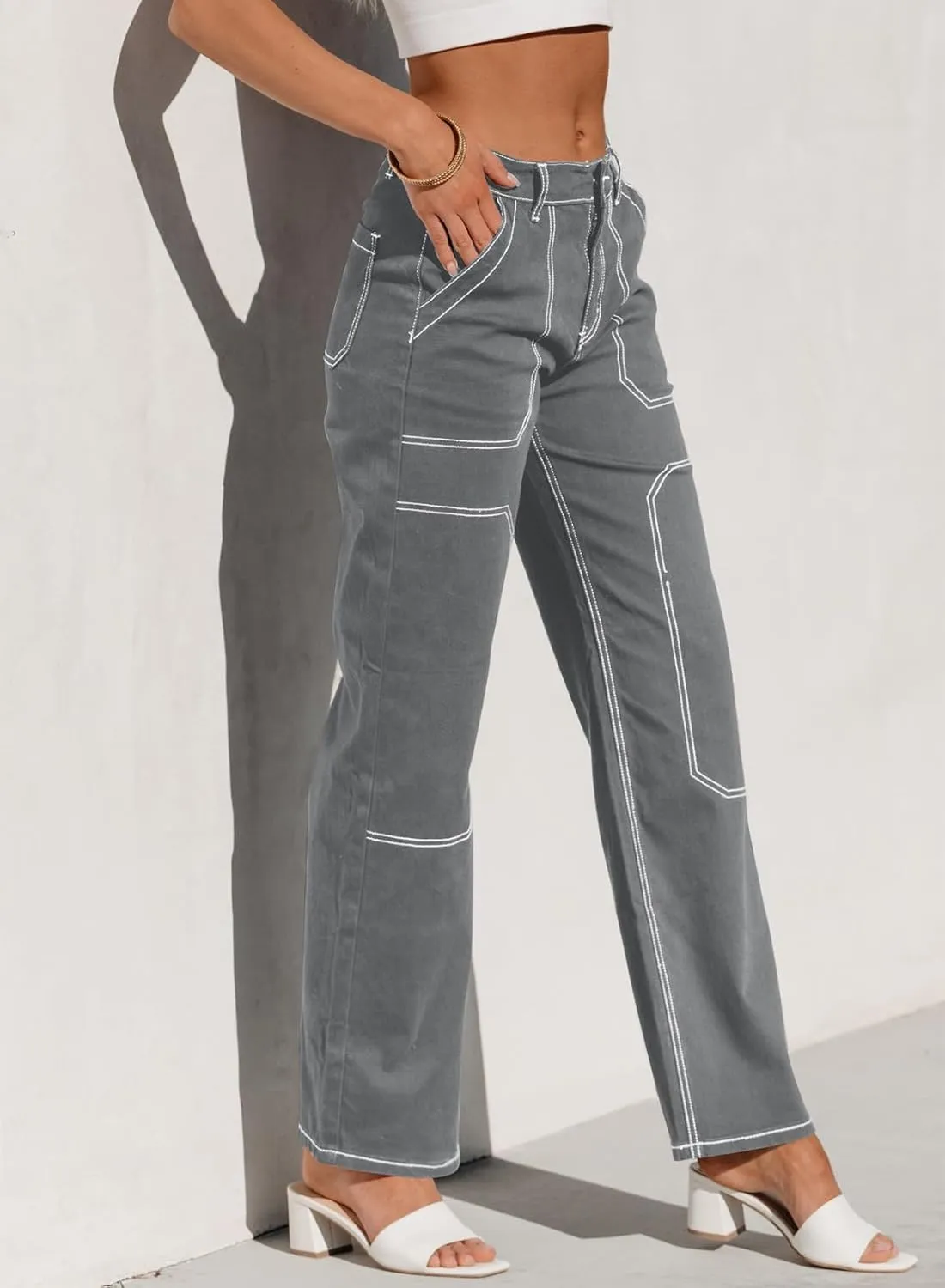 Sidefeel Women's Cargo Jeans Casual Loose Mid Rise Wide Leg Denim Pants