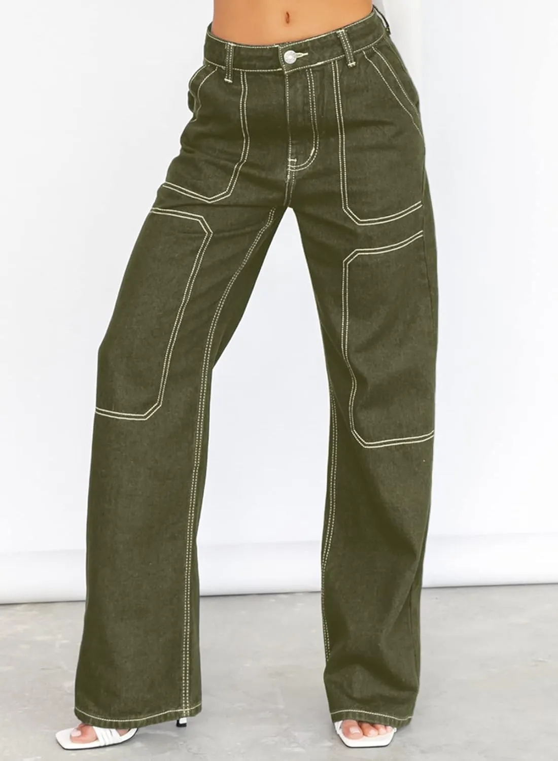 Sidefeel Women's Cargo Jeans Casual Loose Mid Rise Wide Leg Denim Pants