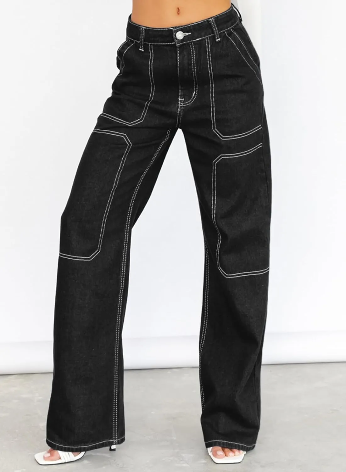 Sidefeel Women's Cargo Jeans Casual Loose Mid Rise Wide Leg Denim Pants