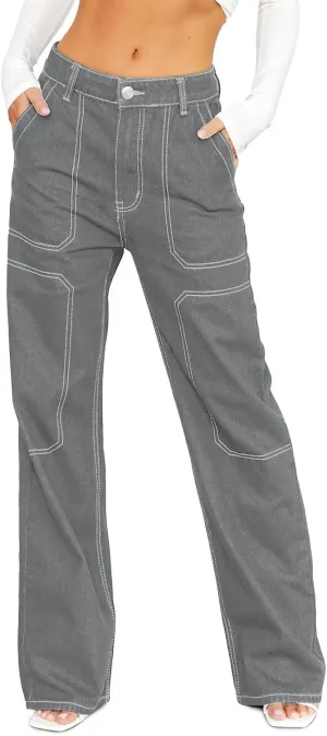 Sidefeel Women's Cargo Jeans Casual Loose Mid Rise Wide Leg Denim Pants
