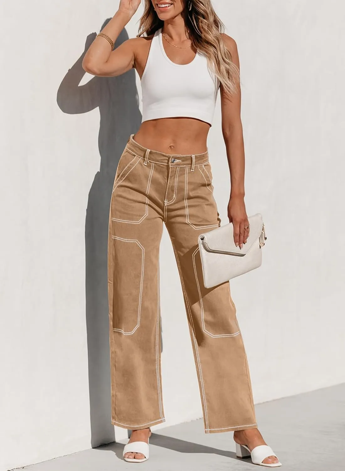 Sidefeel Women's Cargo Jeans Casual Loose Mid Rise Wide Leg Denim Pants