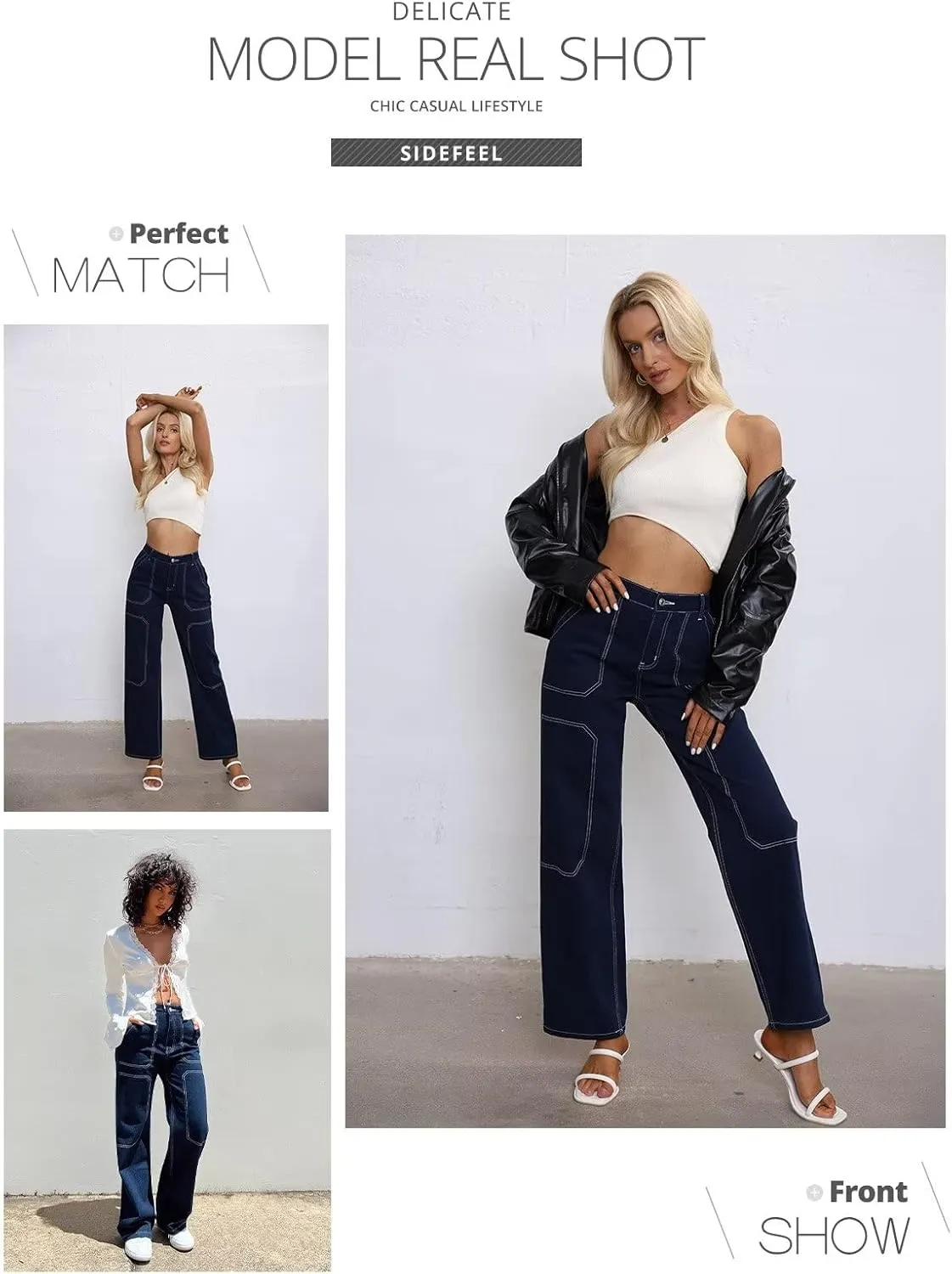 Sidefeel Women's Cargo Jeans Casual Loose Mid Rise Wide Leg Denim Pants
