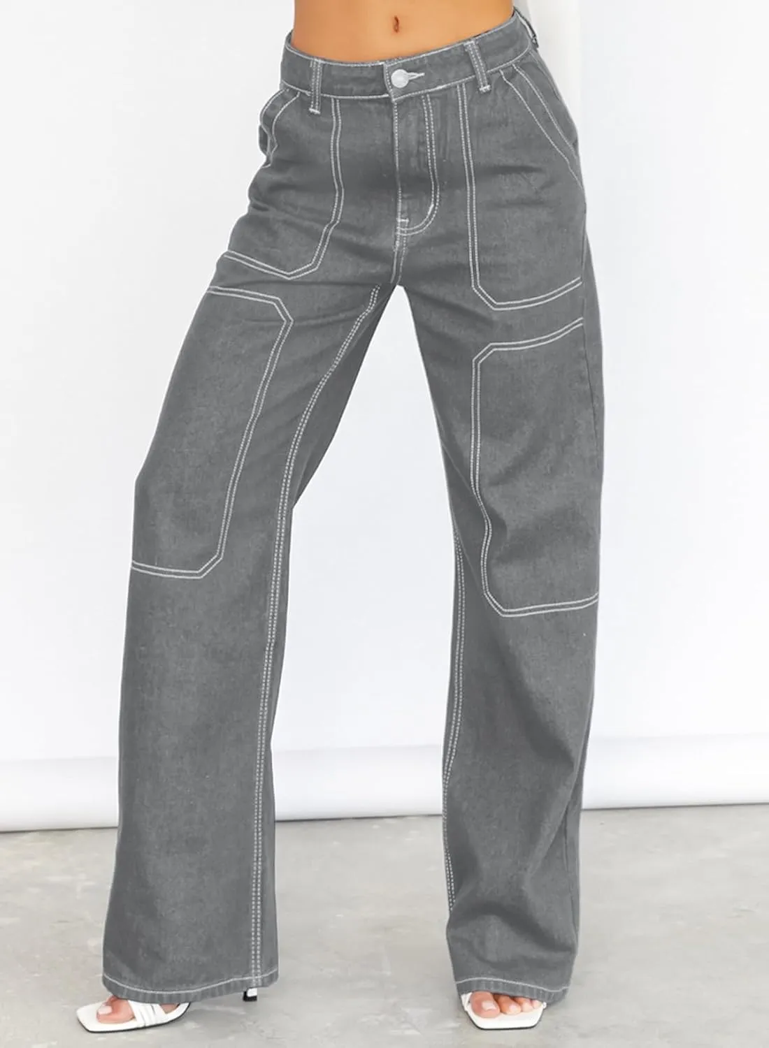 Sidefeel Women's Cargo Jeans Casual Loose Mid Rise Wide Leg Denim Pants