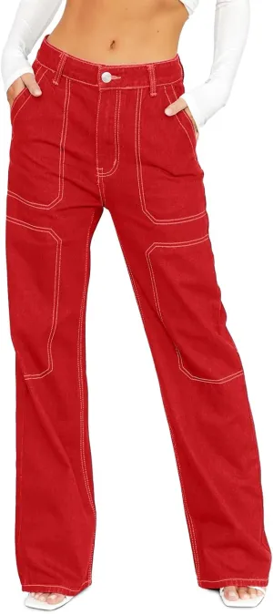 Sidefeel Women's Cargo Jeans Casual Loose Mid Rise Wide Leg Denim Pants