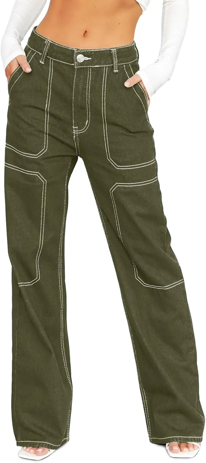 Sidefeel Women's Cargo Jeans Casual Loose Mid Rise Wide Leg Denim Pants