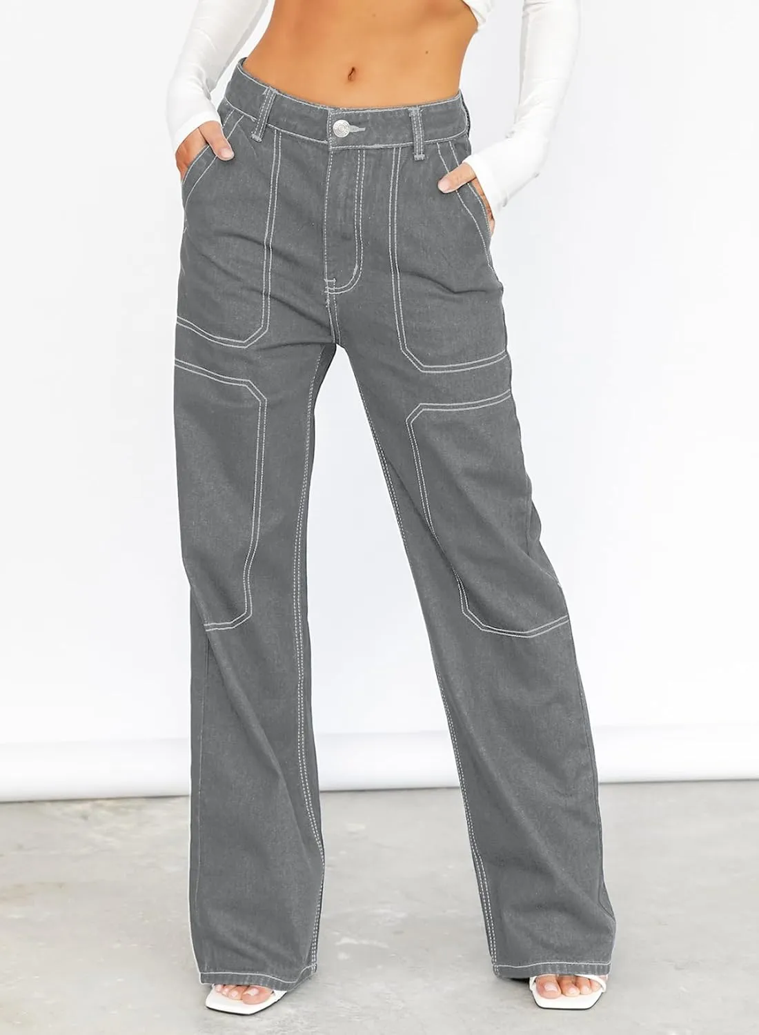 Sidefeel Women's Cargo Jeans Casual Loose Mid Rise Wide Leg Denim Pants